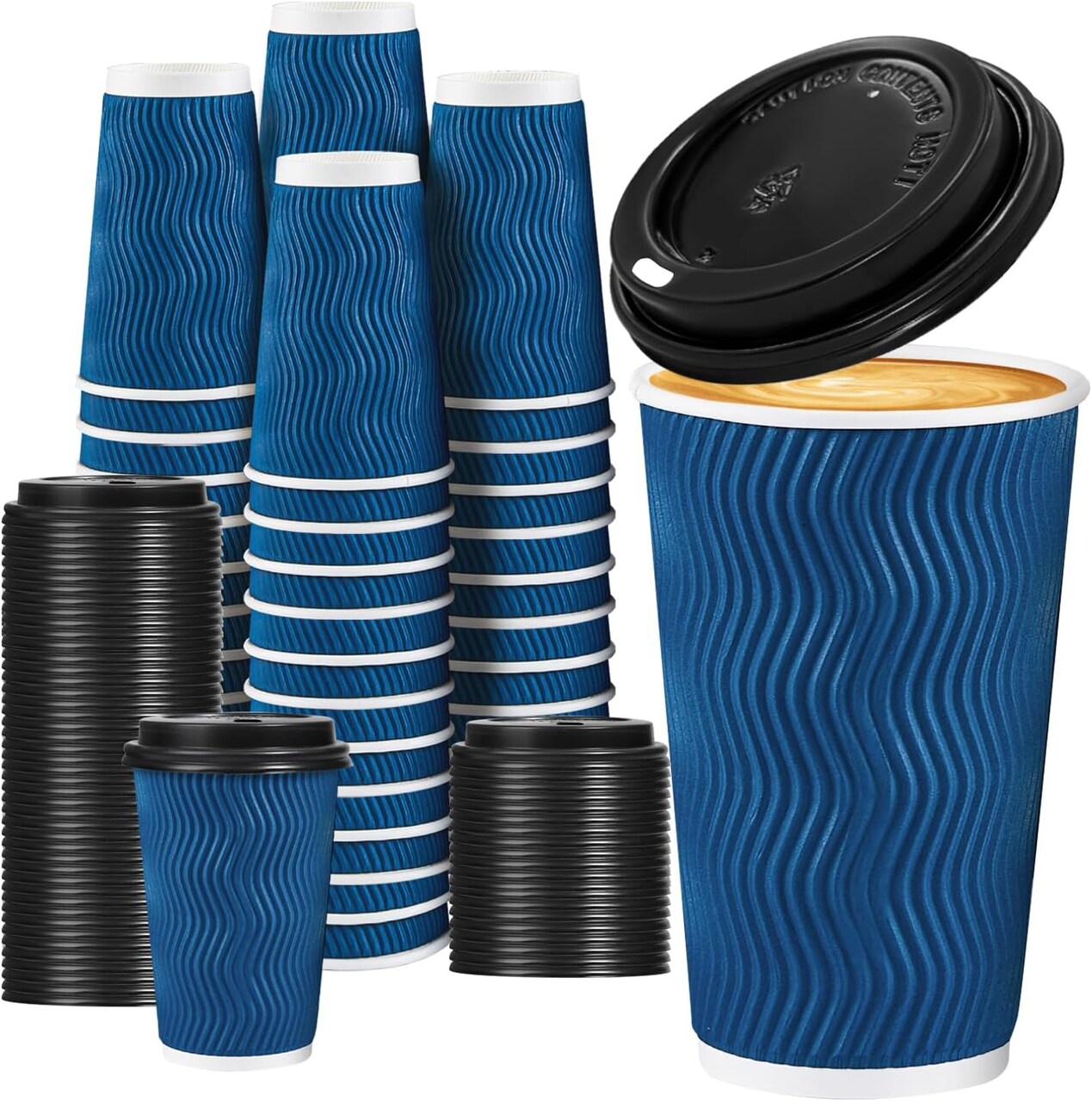 Disposable Coffee Cups with Lids 16 OZ 50 Pack, Insulated To Go Coffee Cups with Lids, Corrugated Ripple Wall Paper Coffee Cup with Lid for Hot Beverages (Blue)